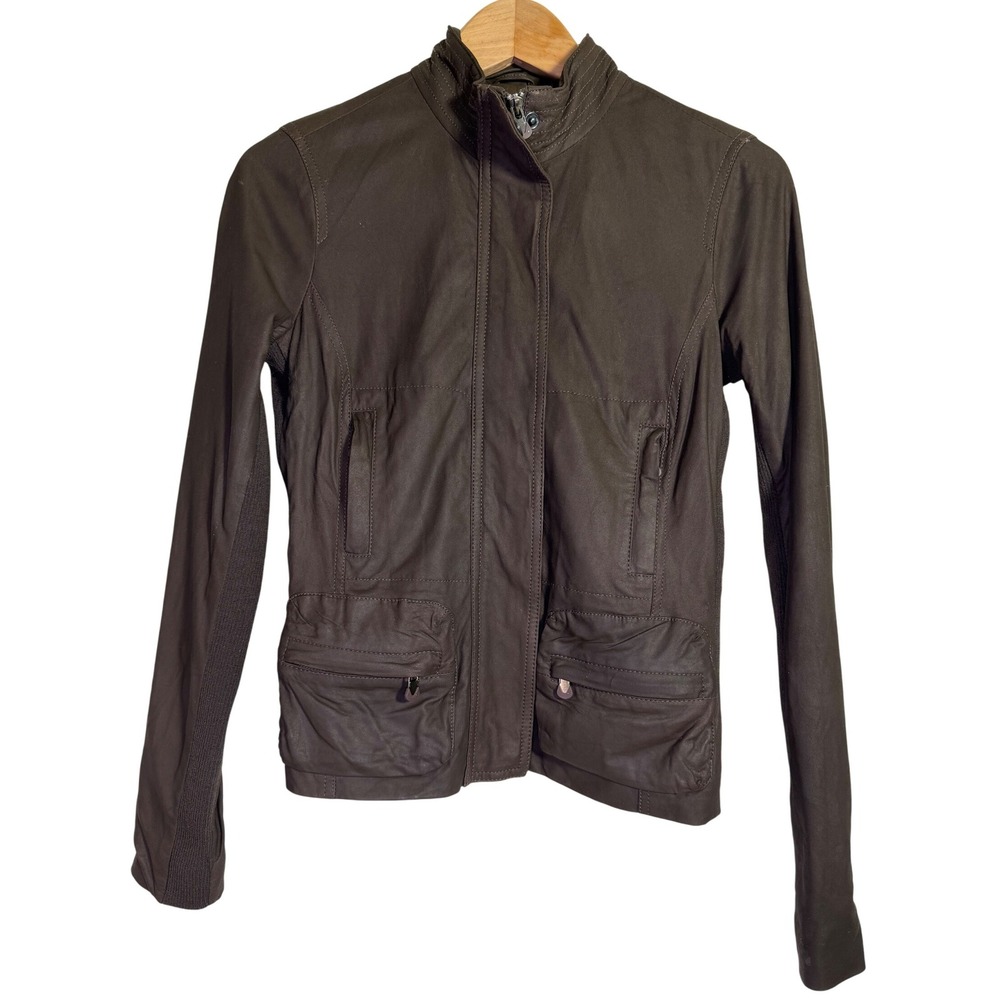 Vince Leather Jacket XS Brown Moto Biker Full Zip Knit Detail‎ Womens